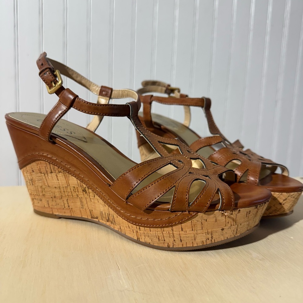 Guess Brown Leather Cork Wedges